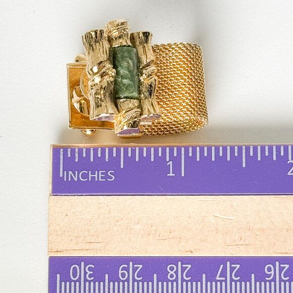 Vintage Jade Cufflinks Tie Clip Set Gold Tone Elegant Wedding Men Bamboo Asian - Picture 12 of 14